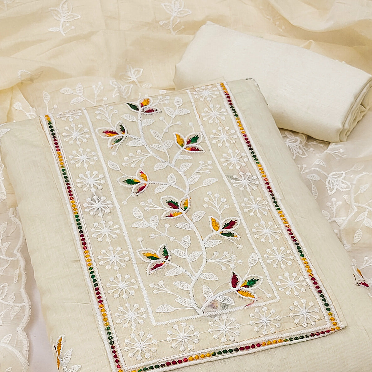 Off White Embroidered Floral Chanderi Cotton Material for Elegant Dressing