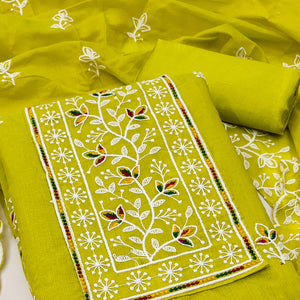 Parrot Green Embroidered Floral Chanderi Cotton Material for Elegant Dressing