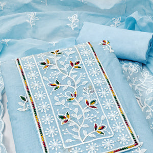 Sky Blue Embroidered Floral Chanderi Cotton Material for Elegant Dressing