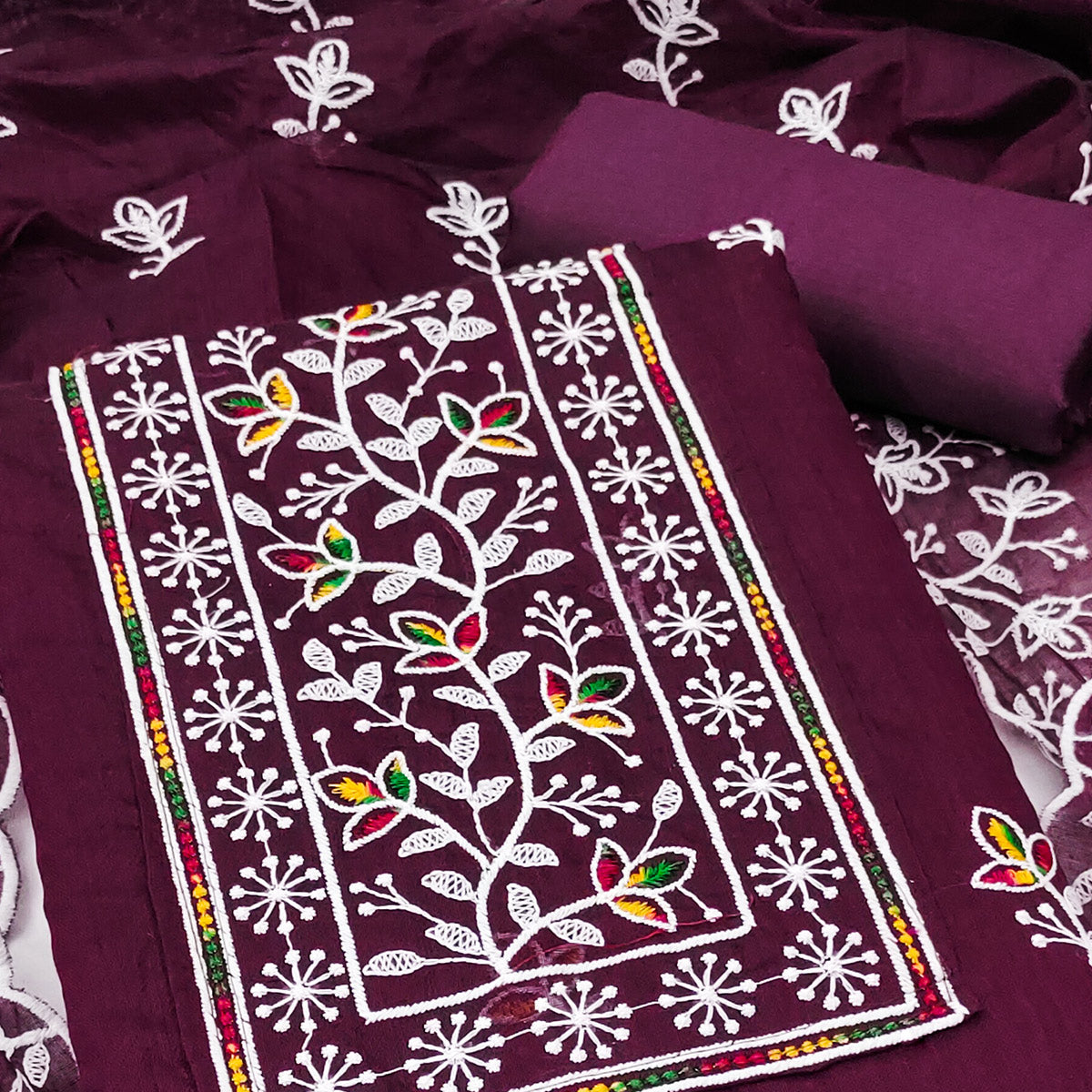 Wine Embroidered Floral Chanderi Cotton Material for Elegant Dressing