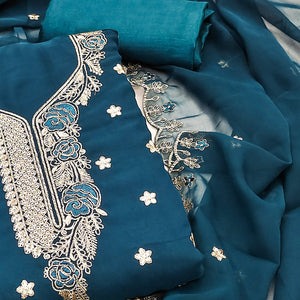 Blue Dress Material Featuring Delicate Floral Thread & Zari Embroidery Work On Georgette