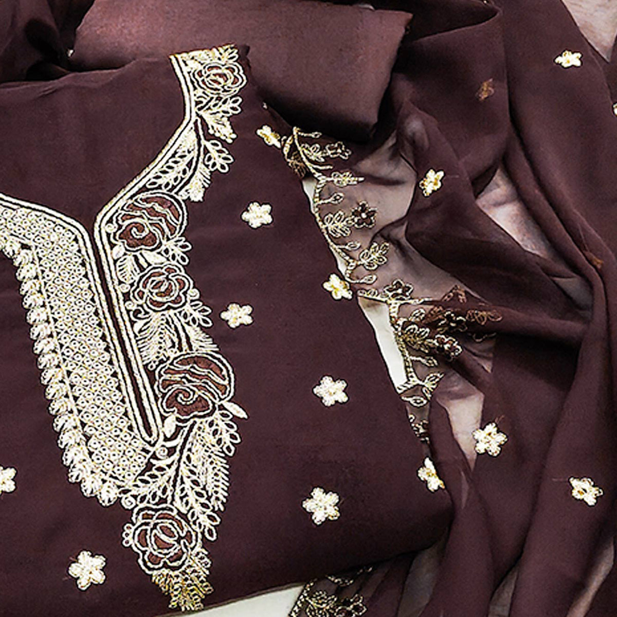 Brown Dress Material Featuring Delicate Floral Thread & Zari Embroidery Work On Georgette