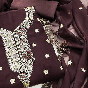 Brown Dress Material Featuring Delicate Floral Thread & Zari Embroidery Work On Georgette