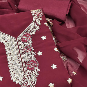 Maroon Dress Material Featuring Delicate Floral Thread & Zari Embroidery Work On Georgette