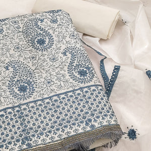 Cream Dress Material In Cotton Blend With Graceful Floral Thread Embroidery