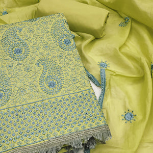 Green Dress Material In Cotton Blend With Graceful Floral Thread Embroidery