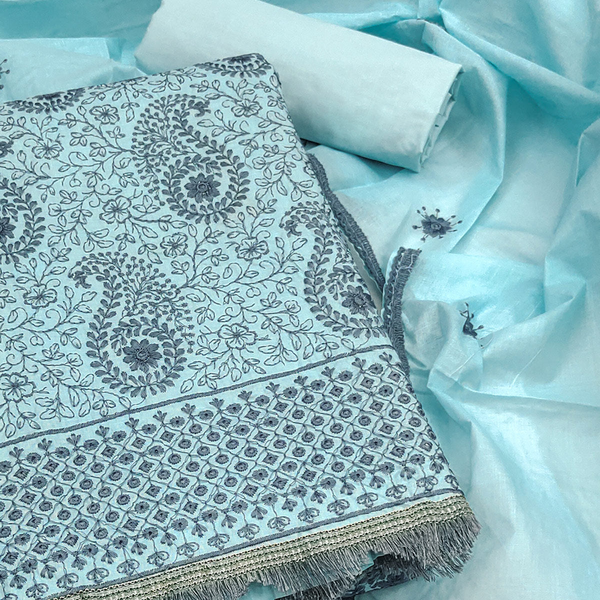 Sky Blue Dress Material In Cotton Blend With Graceful Floral Thread Embroidery