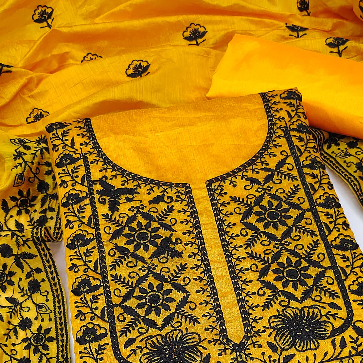 Festive Mustard Floral Embroidered Dress Material in Sheer Chanderi Silk
