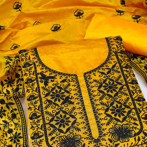 Festive Mustard Floral Embroidered Dress Material in Sheer Chanderi Silk