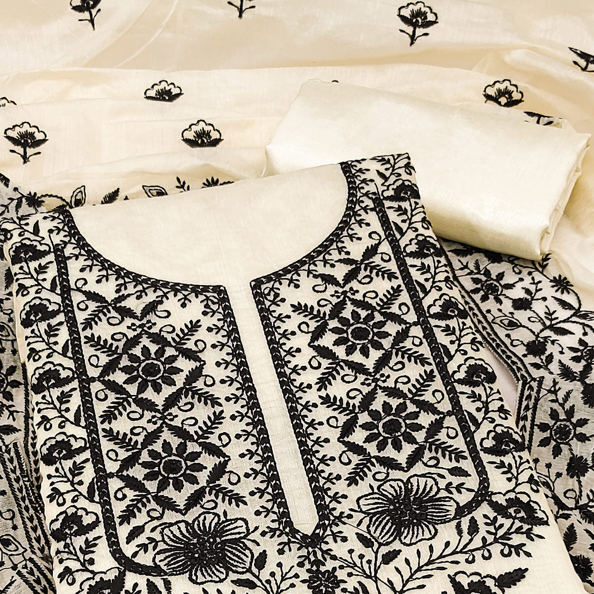 Festive Off White Floral Embroidered Dress Material in Sheer Chanderi Silk