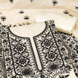 Festive Off White Floral Embroidered Dress Material in Sheer Chanderi Silk