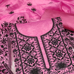 Festive Pink Floral Embroidered Dress Material in Sheer Chanderi Silk