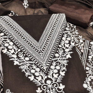 Traditional Brown Chanderi Silk Suit Fabric with Embroidered Floral Patterns