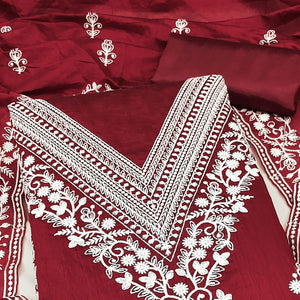Traditional Maroon Chanderi Silk Suit Fabric with Embroidered Floral Patterns