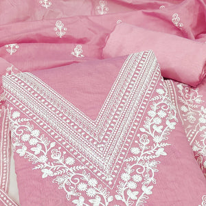 Traditional Pink Chanderi Silk Suit Fabric with Embroidered Floral Patterns
