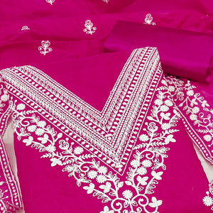 Traditional Rani Pink Chanderi Silk Suit Fabric with Embroidered Floral Patterns