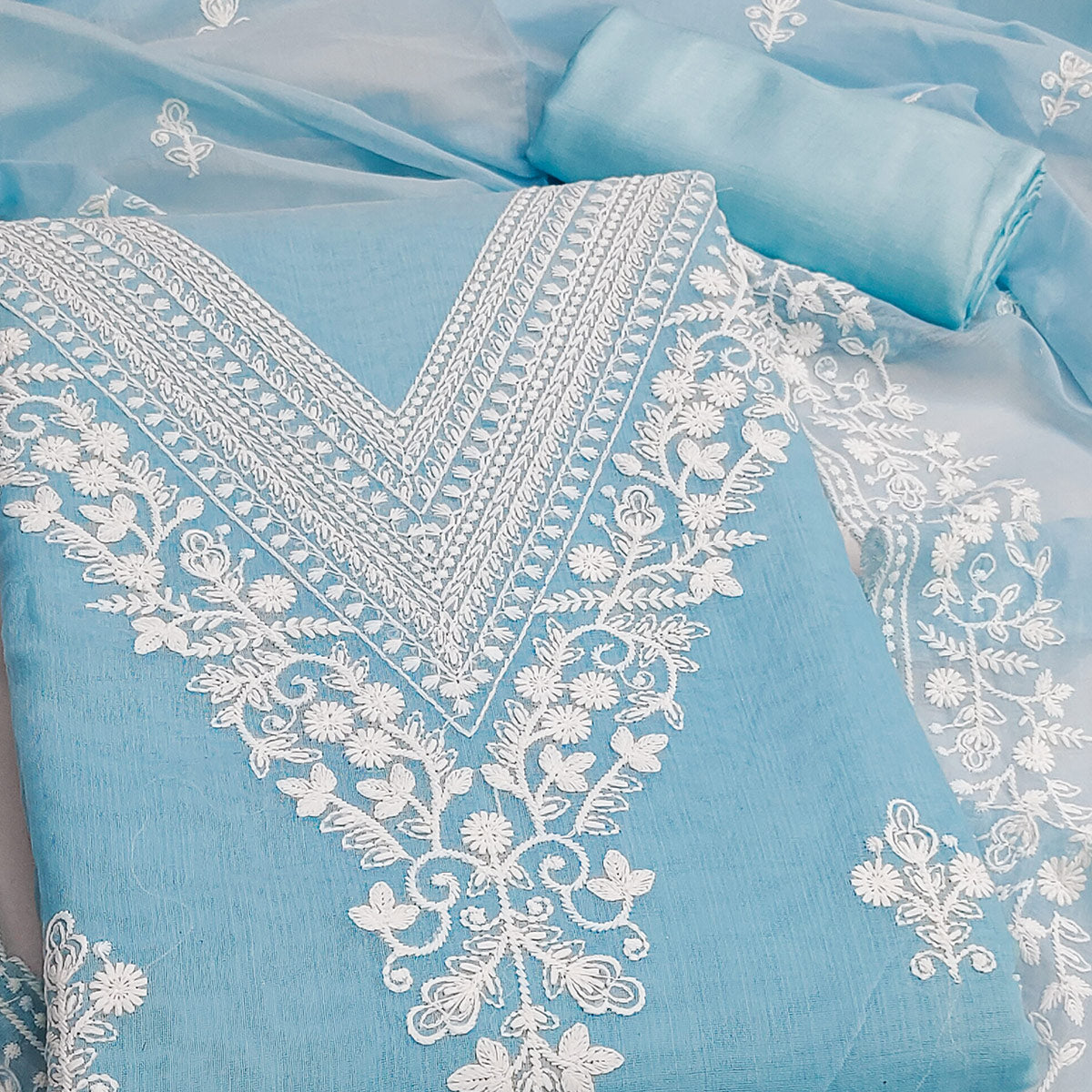 Traditional Sky Blue Chanderi Silk Suit Fabric with Embroidered Floral Patterns