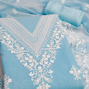 Traditional Sky Blue Chanderi Silk Suit Fabric with Embroidered Floral Patterns