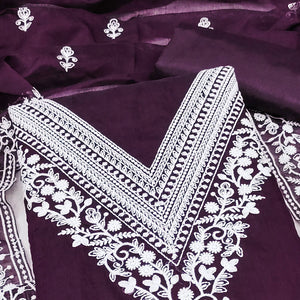 Traditional Wine Chanderi Silk Suit Fabric with Embroidered Floral Patterns