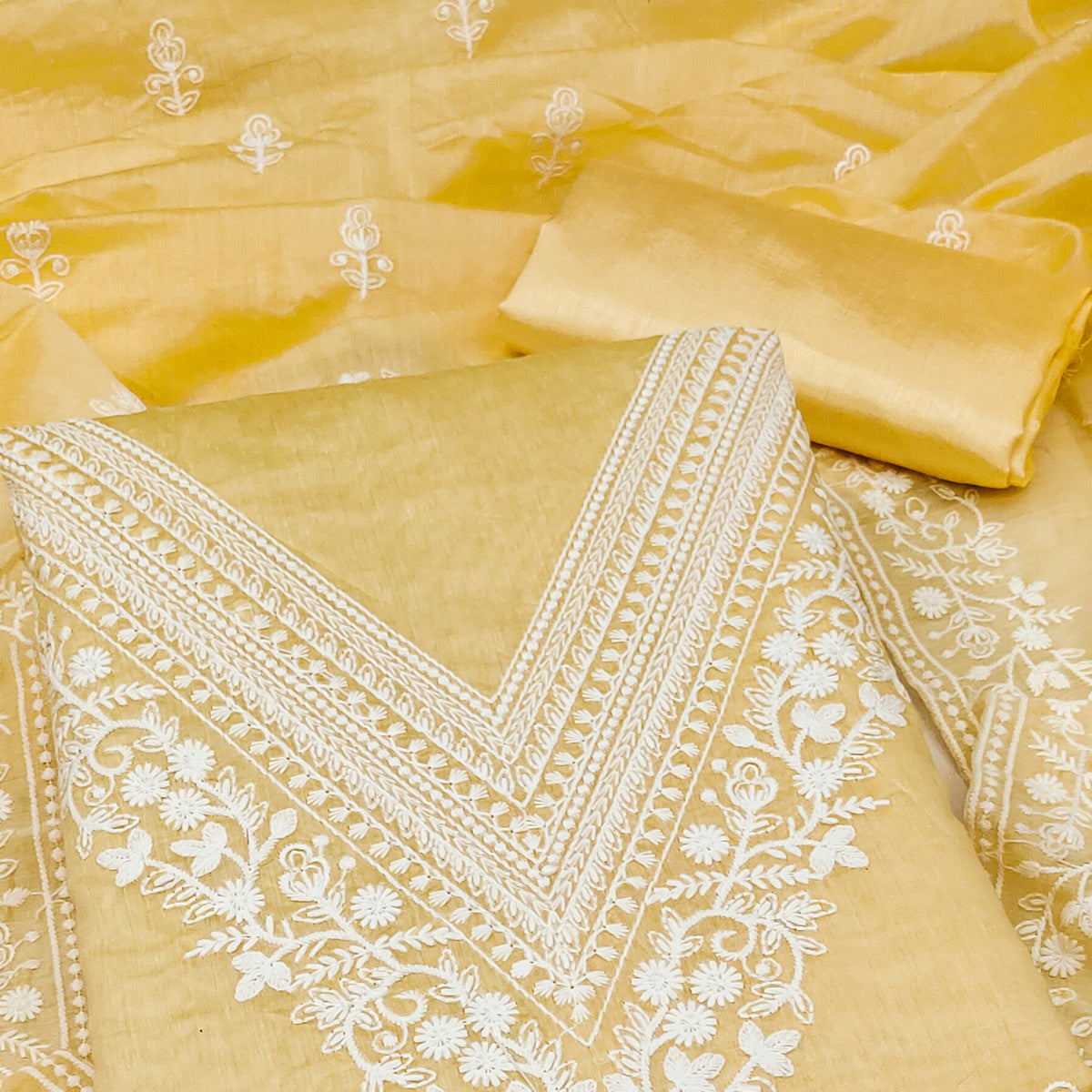 Traditional Yellow Chanderi Silk Suit Fabric with Embroidered Floral Patterns