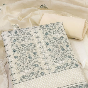 Off White Floral Embroidery Cotton Fabric for Ethnic Wear and Everyday Grace