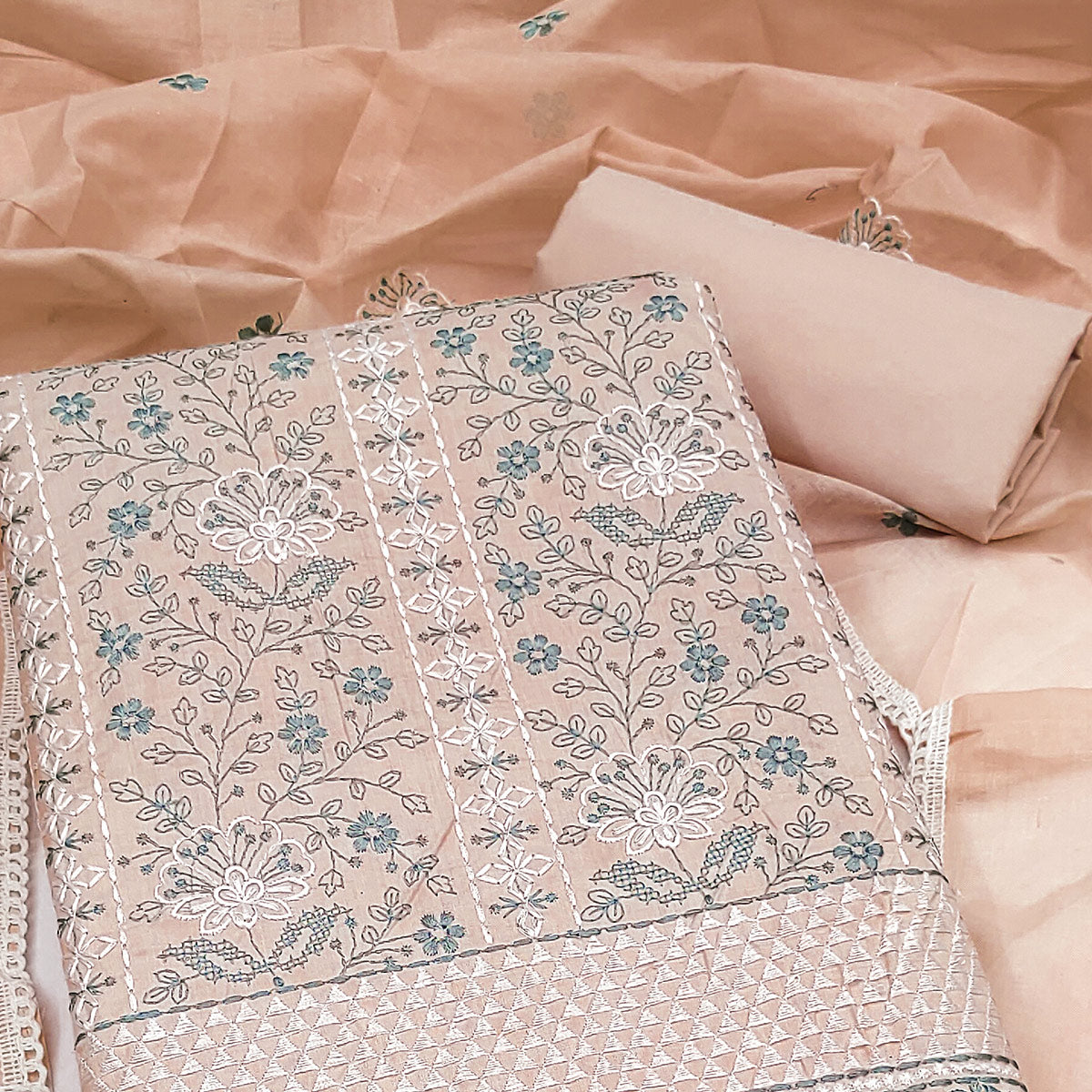 Peach Floral Embroidery Cotton Fabric for Ethnic Wear and Everyday Grace