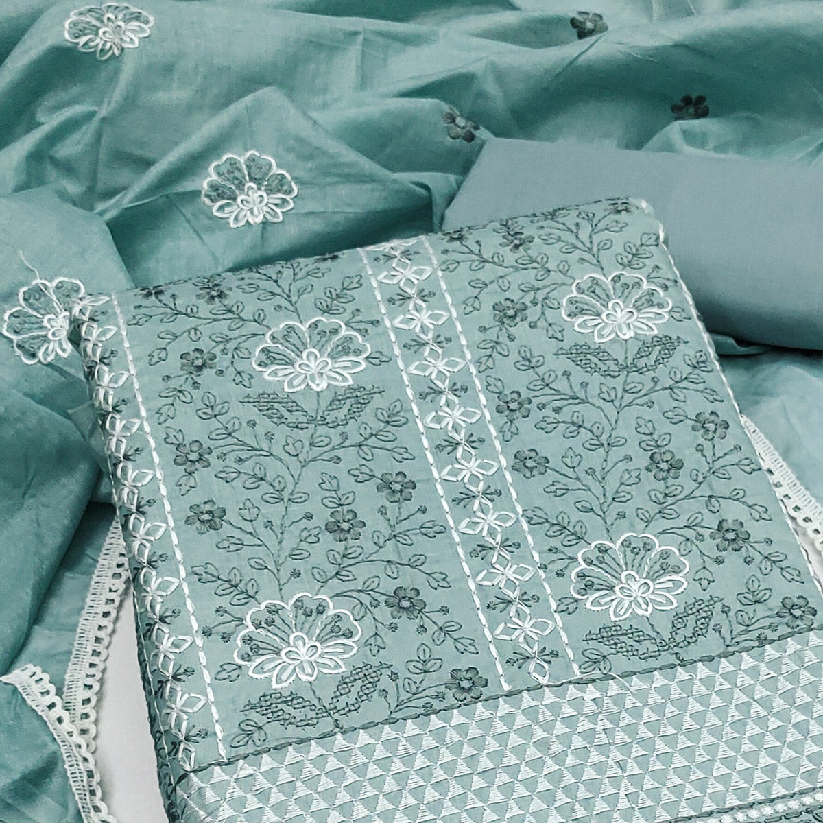 Sea Green Floral Embroidery Cotton Fabric for Ethnic Wear and Everyday Grace
