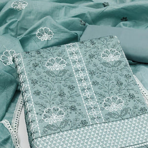 Sea Green Floral Embroidery Cotton Fabric for Ethnic Wear and Everyday Grace