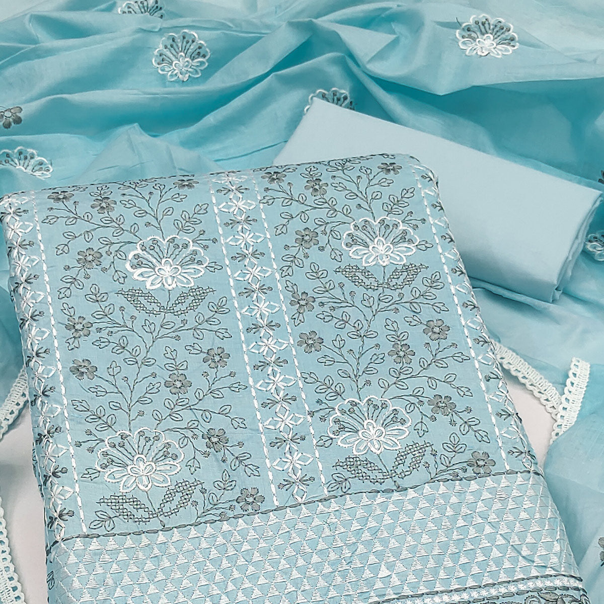 Sky Blue Floral Embroidery Cotton Fabric for Ethnic Wear and Everyday Grace