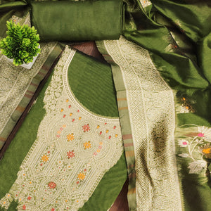 Green Unstitched Dress Material in Sheer Chanderi Silk with Zari Work