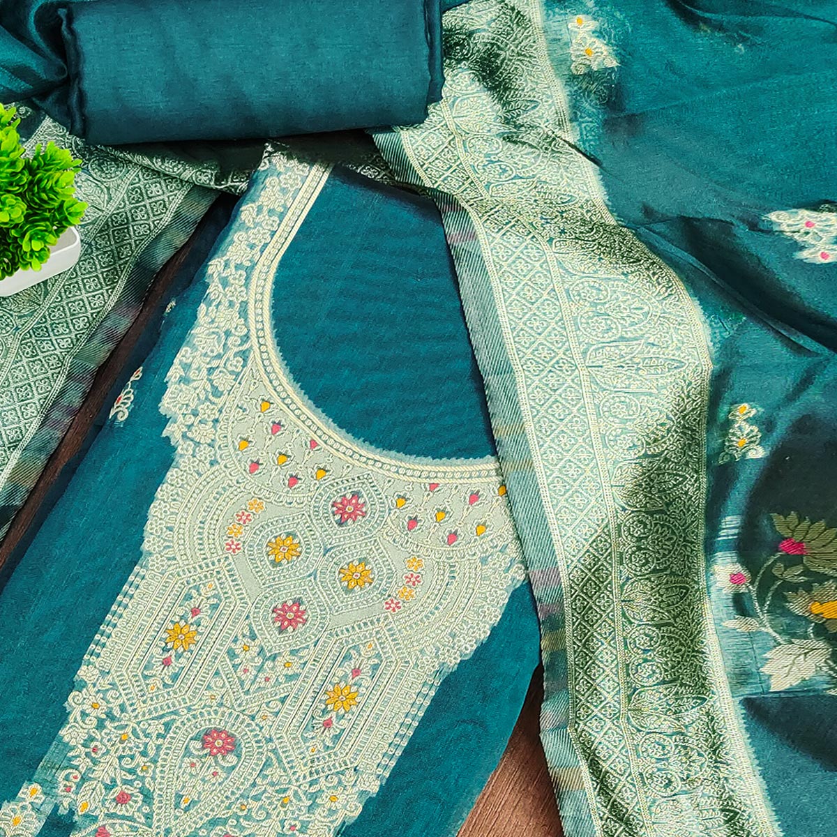 Teal Unstitched Dress Material in Sheer Chanderi Silk with Zari Work