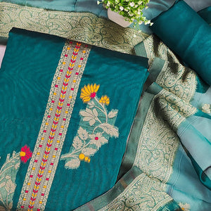 Teal Chanderi Silk Dress Material Adorned With Elegant Floral Zari Weaving