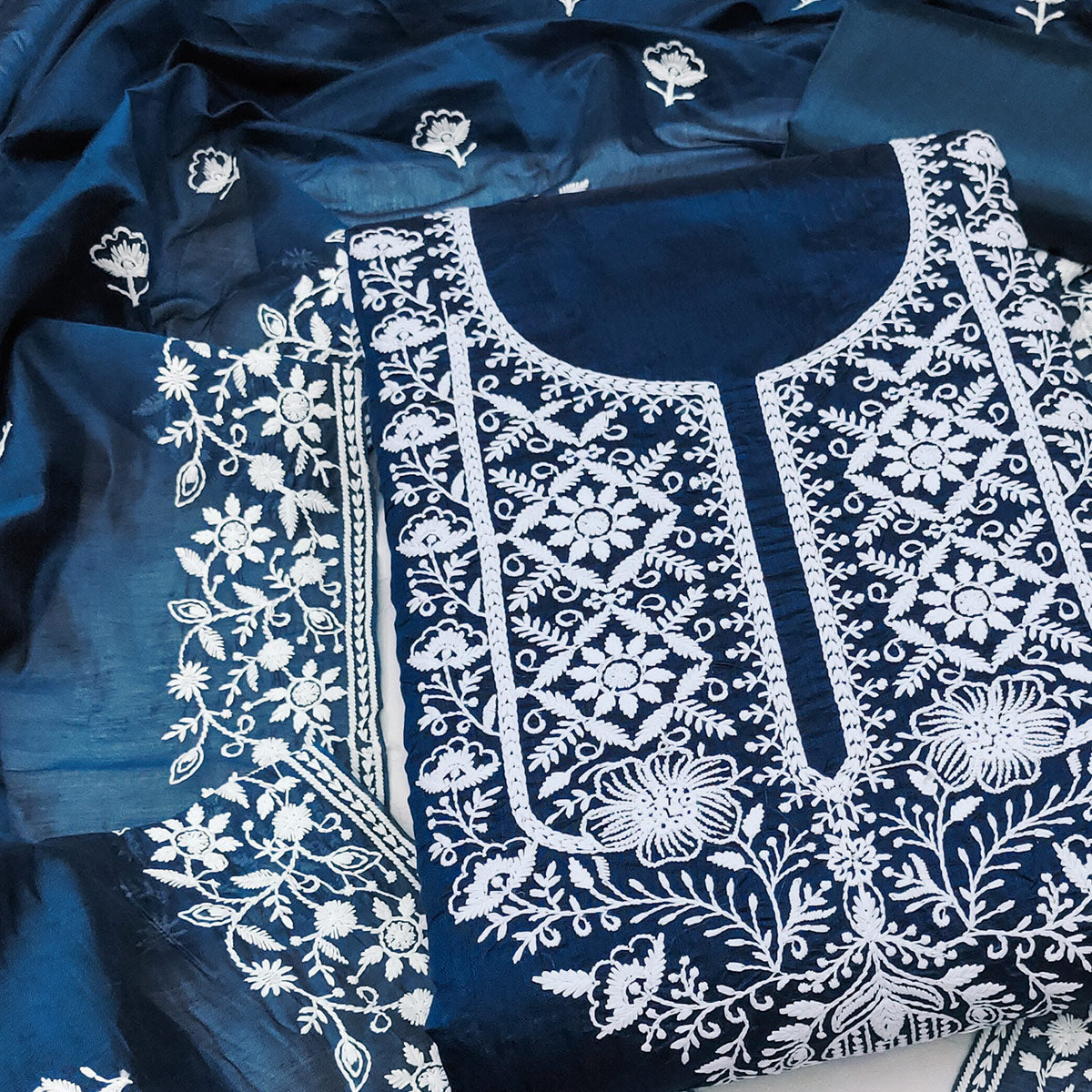 Blue Chanderi Silk Dress Material Enhanced with Delicate Floral Thread Embroidery