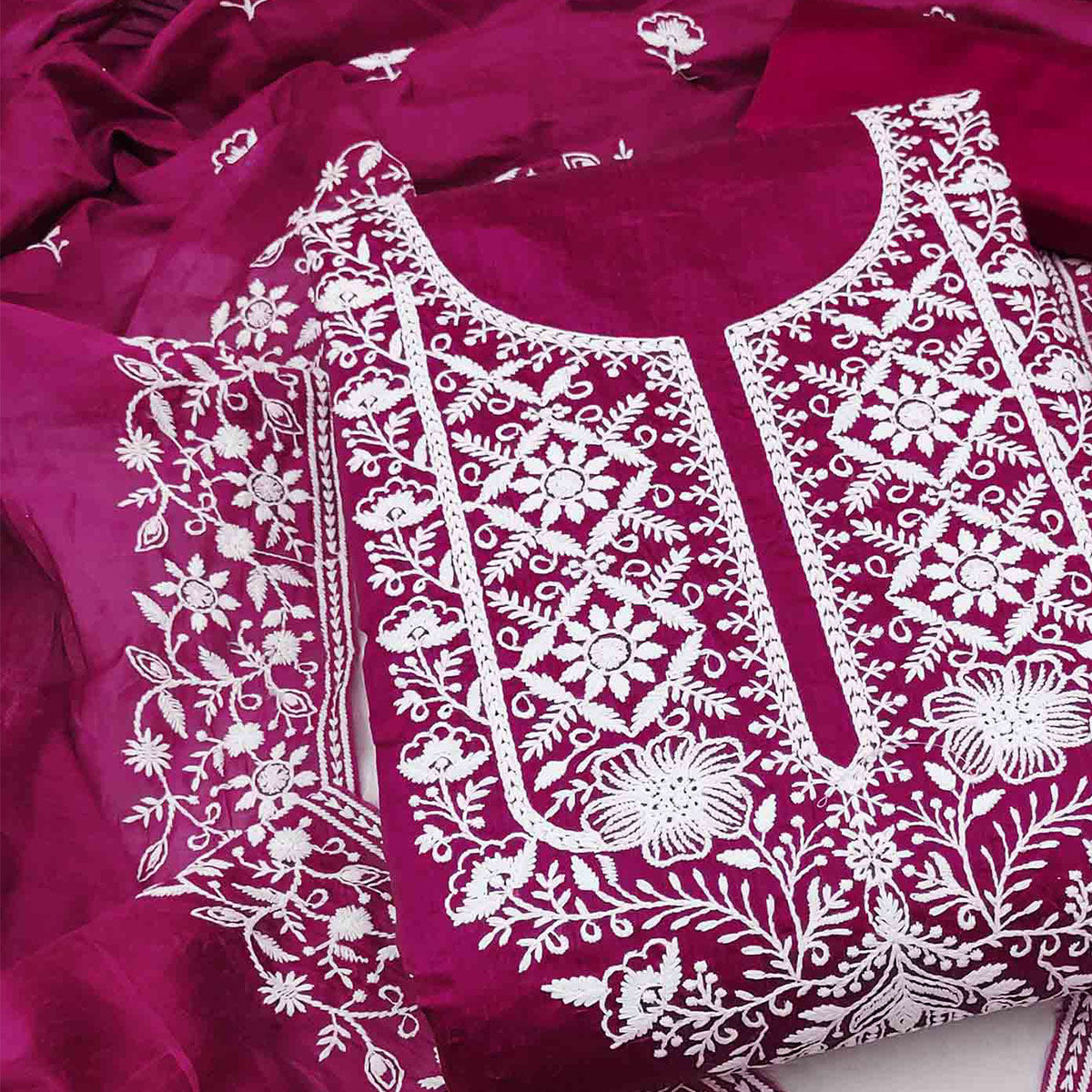 Rani Pink Chanderi Silk Dress Material Enhanced with Delicate Floral Thread Embroidery