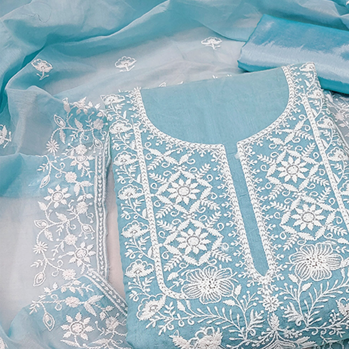 Sky Blue Chanderi Silk Dress Material Enhanced with Delicate Floral Thread Embroidery