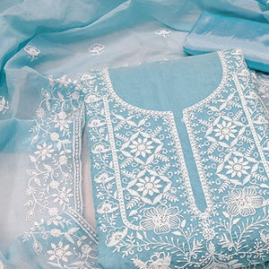 Sky Blue Chanderi Silk Dress Material Enhanced with Delicate Floral Thread Embroidery