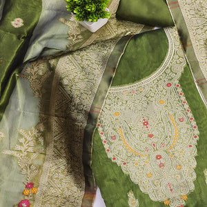 Green Chanderi Silk Fabric with Intricate Floral Zari Woven Detailing