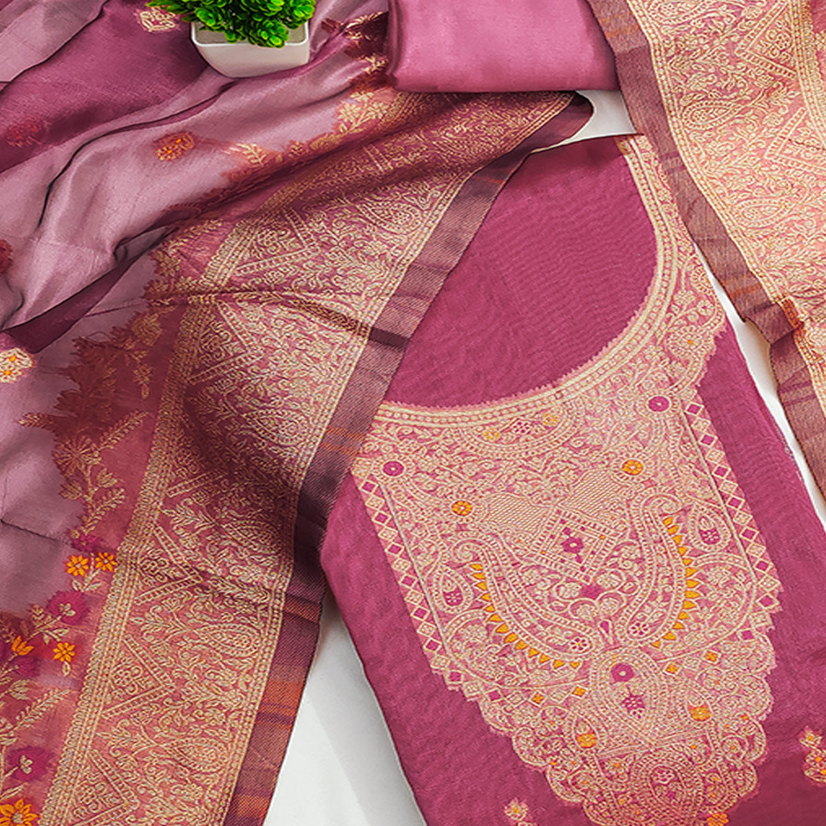 Pink Chanderi Silk Fabric with Intricate Floral Zari Woven Detailing