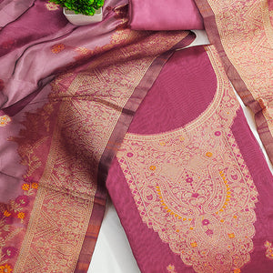 Pink Chanderi Silk Fabric with Intricate Floral Zari Woven Detailing