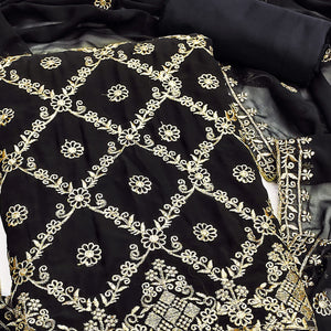 Black Georgette Dress Material Adorned With Floral Zari Embroidery Work