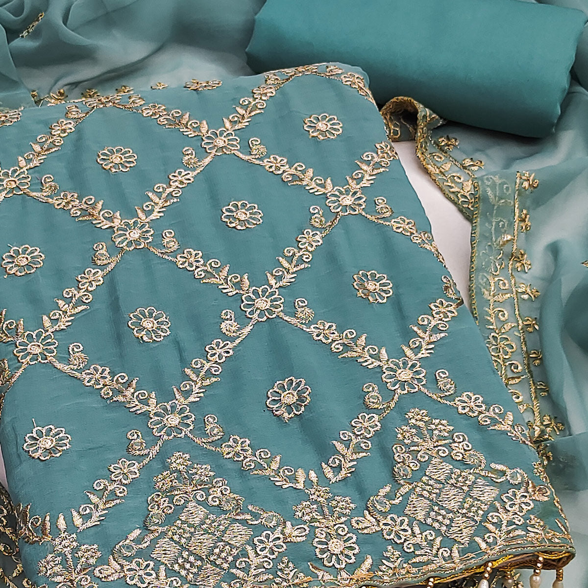 Dusty Turquoise Georgette Dress Material Adorned With Floral Zari Embroidery Work