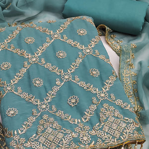 Dusty Turquoise Georgette Dress Material Adorned With Floral Zari Embroidery Work