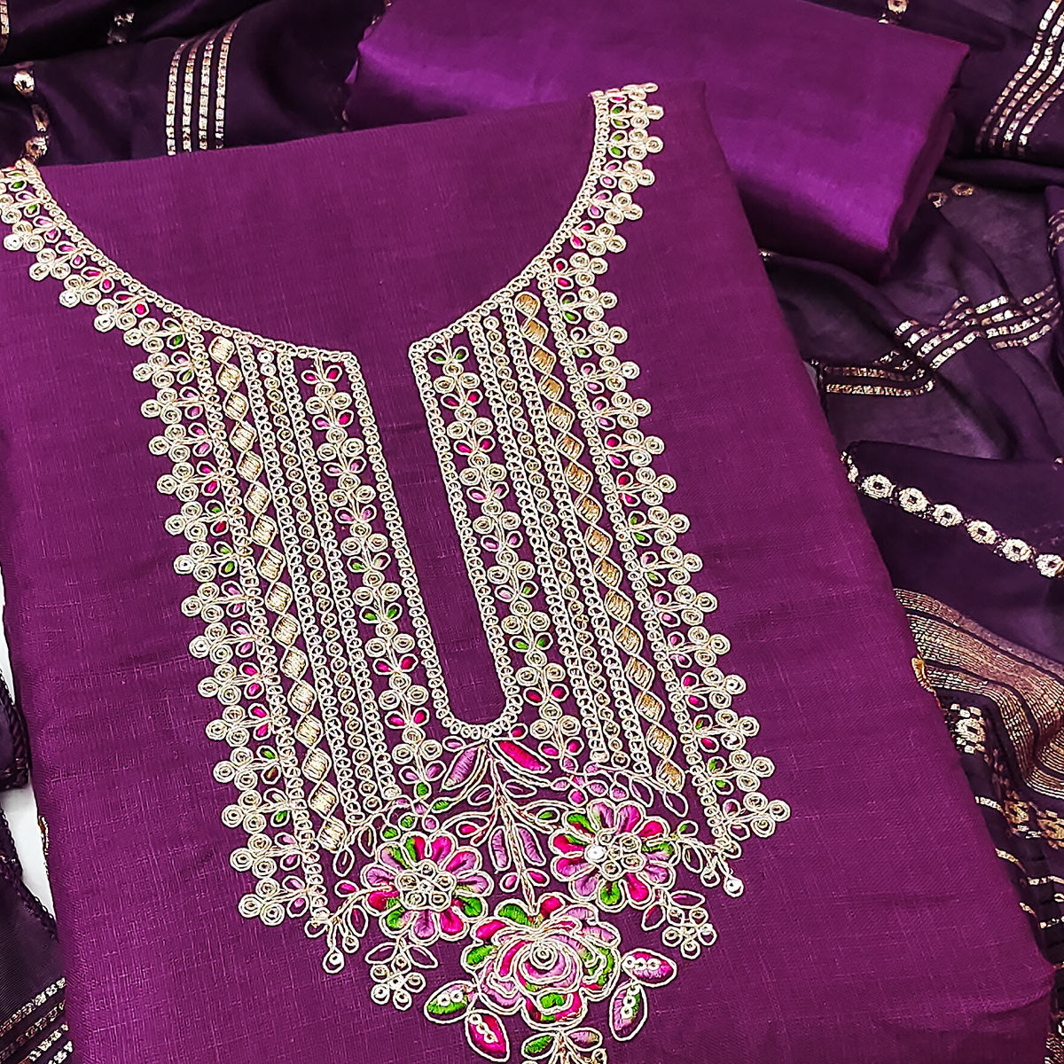 Dark Magenta Cotton Blend Dress Material Adorned With Floral Cording Embroidery & Sequins work