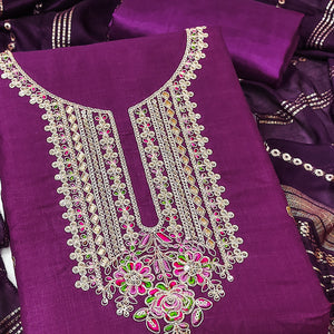 Dark Magenta Cotton Blend Dress Material Adorned With Floral Cording Embroidery & Sequins work