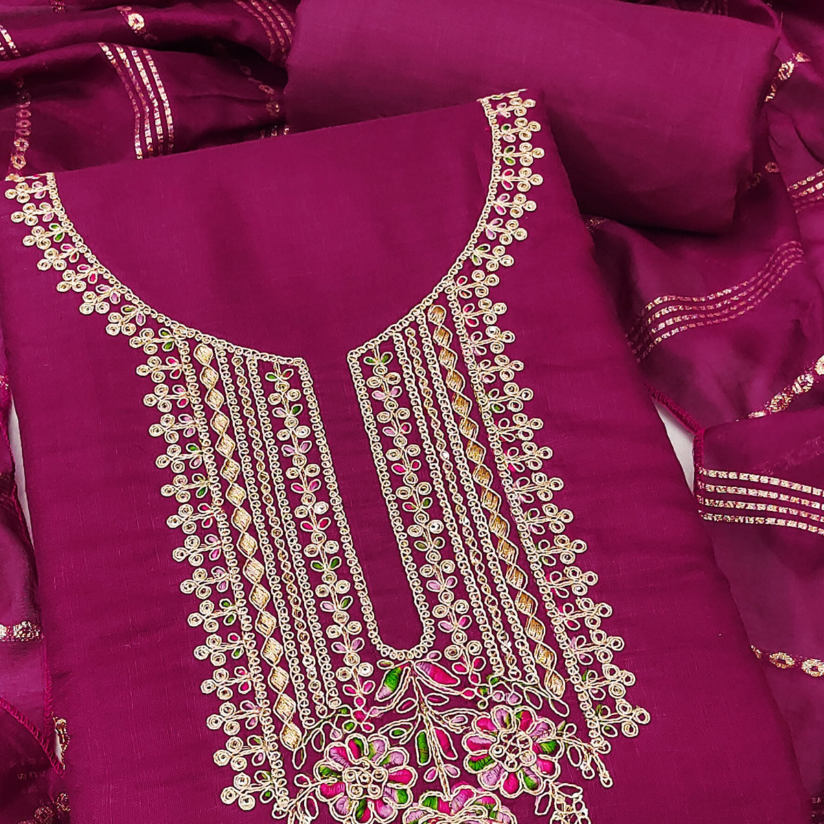 Dark Rani Pink Cotton Blend Dress Material Adorned With Floral Cording Embroidery & Sequins work