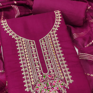 Dark Rani Pink Cotton Blend Dress Material Adorned With Floral Cording Embroidery & Sequins work