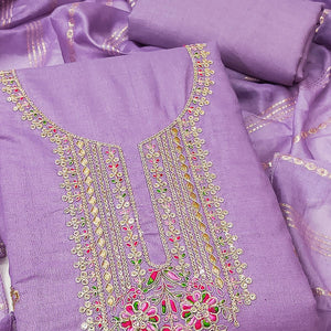 Lavender Cotton Blend Dress Material Adorned With Floral Cording Embroidery & Sequins work