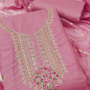 Pink Cotton Blend Dress Material Adorned With Floral Cording Embroidery & Sequins work