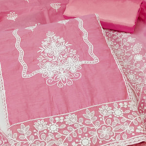 Pink Chanderi Silk Dress Material With Exquisite Floral Thread Embroidery