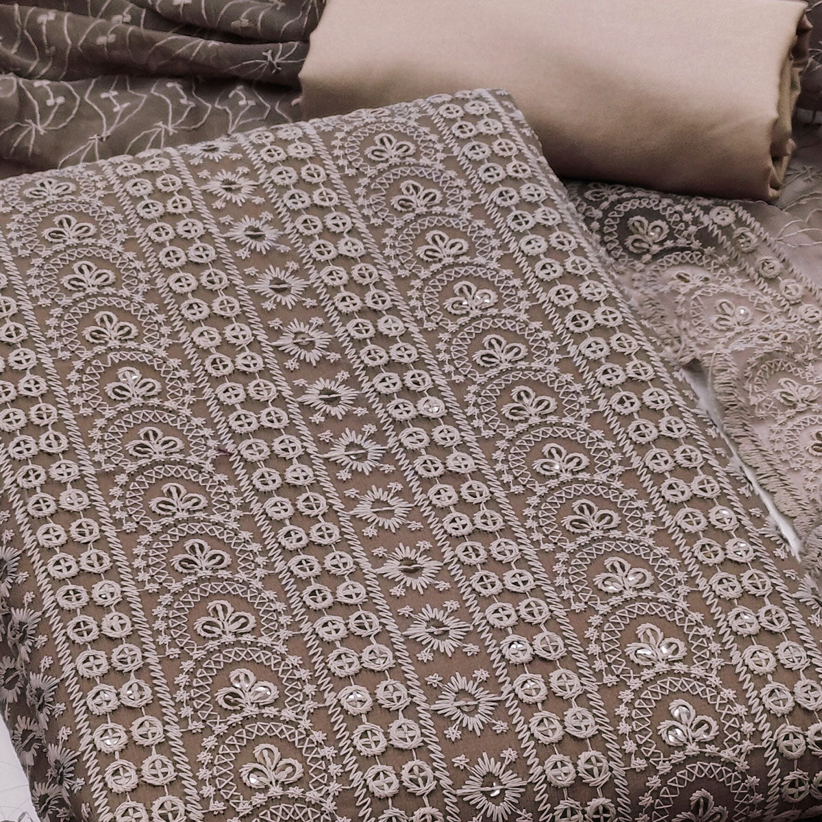 Brown Georgette Dress Material With Intricate Floral Thread & Sparkling Sequins Work